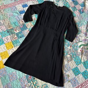 Vintage 40s Black Crepe Rayon Sequin Adorned Midi Cocktail Dress L